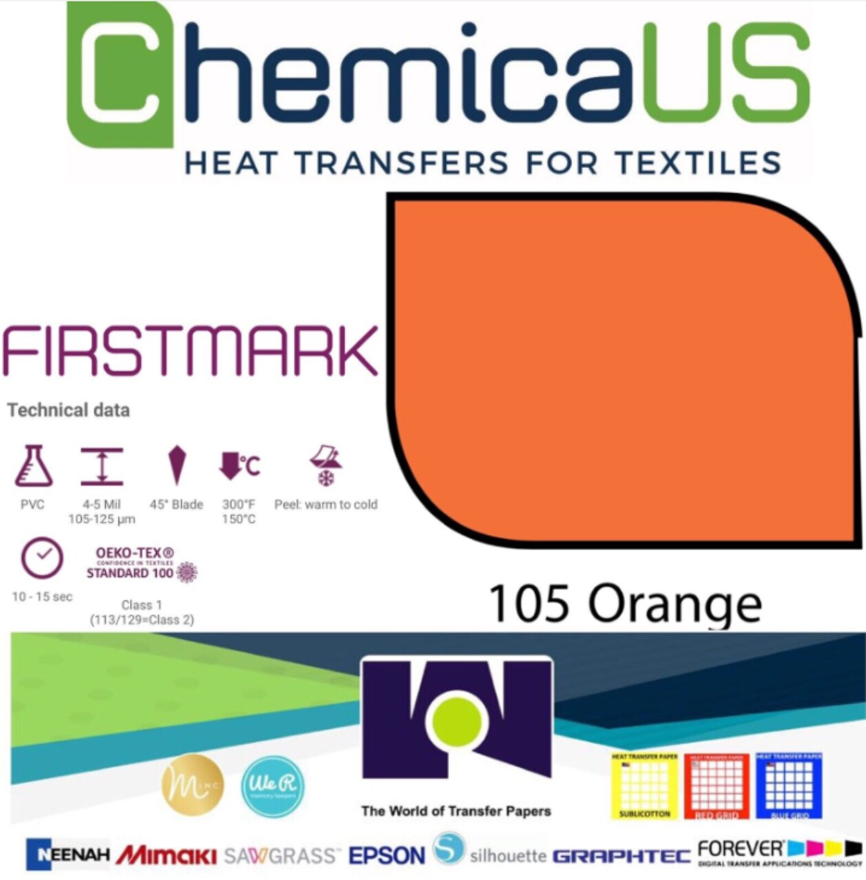 USA 15" x 22 Yds Chemica FirstMark Heat Transfer Vinyl ORANGE CH-105 HTV